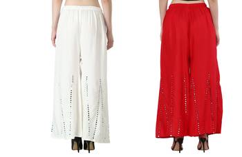 Stylish Flared Stone / Mirror work with embrodiery Combo Palazzo Pant White , Red 2