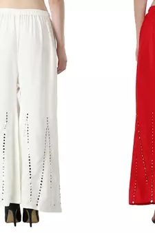 Stylish Flared Stone / Mirror work with embrodiery Combo Palazzo Pant White , Red