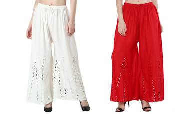 Stylish Flared Stone / Mirror work with embrodiery Combo Palazzo Pant White , Red 3