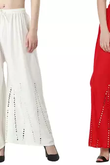 Stylish Flared Stone / Mirror work with embrodiery Combo Palazzo Pant White , Red