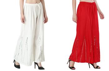 Stylish Flared Stone / Mirror work with embrodiery Combo Palazzo Pant White , Red 4