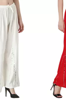 Stylish Flared Stone / Mirror work with embrodiery Combo Palazzo Pant White , Red