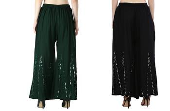 Stylish Flared Stone / Mirror work with embrodiery Combo Palazzo Pant Dark Green , Black 1