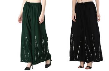 Stylish Flared Stone / Mirror work with embrodiery Combo Palazzo Pant Dark Green , Black 2