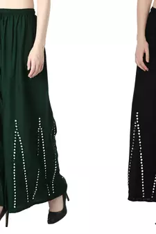 Stylish Flared Stone / Mirror work with embrodiery Combo Palazzo Pant Dark Green , Black