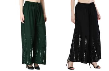 Stylish Flared Stone / Mirror work with embrodiery Combo Palazzo Pant Dark Green , Black 3