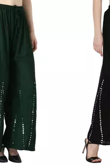 Stylish Flared Stone / Mirror work with embrodiery Combo Palazzo Pant Dark Green , Black