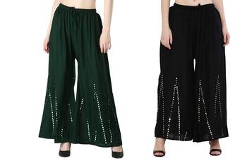 Stylish Flared Stone / Mirror work with embrodiery Combo Palazzo Pant Dark Green , Black 4