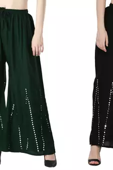 Stylish Flared Stone / Mirror work with embrodiery Combo Palazzo Pant Dark Green , Black