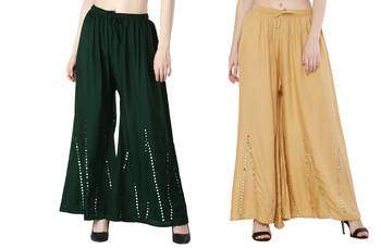 Stylish Flared Stone / Mirror work with embrodiery Combo Palazzo Pant Dark Green , Cream 1