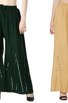 Stylish Flared Stone / Mirror work with embrodiery Combo Palazzo Pant Dark Green , Cream