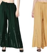 Stylish Flared Stone / Mirror work with embrodiery Combo Palazzo Pant Dark Green , Cream