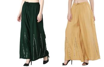 Stylish Flared Stone / Mirror work with embrodiery Combo Palazzo Pant Dark Green , Cream 2