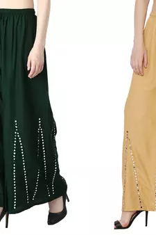 Stylish Flared Stone / Mirror work with embrodiery Combo Palazzo Pant Dark Green , Cream