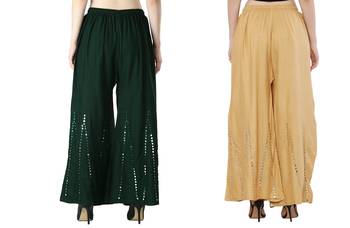 Stylish Flared Stone / Mirror work with embrodiery Combo Palazzo Pant Dark Green , Cream 3