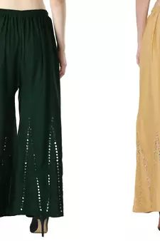 Stylish Flared Stone / Mirror work with embrodiery Combo Palazzo Pant Dark Green , Cream