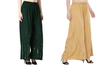 Stylish Flared Stone / Mirror work with embrodiery Combo Palazzo Pant Dark Green , Cream 4