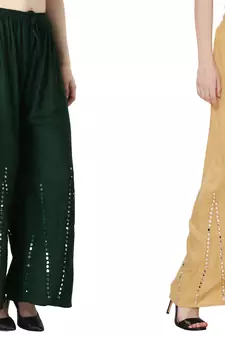 Stylish Flared Stone / Mirror work with embrodiery Combo Palazzo Pant Dark Green , Cream