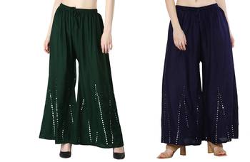 Stylish Flared Stone / Mirror work with embrodiery Combo Palazzo Pant Dark Green , Navy 1