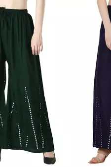 Stylish Flared Stone / Mirror work with embrodiery Combo Palazzo Pant Dark Green , Navy