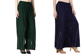 Stylish Flared Stone / Mirror work with embrodiery Combo Palazzo Pant Dark Green , Navy 4