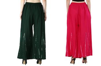 Stylish Flared Stone / Mirror work with embrodiery Combo Palazzo Pant Dark Green , Pink 1
