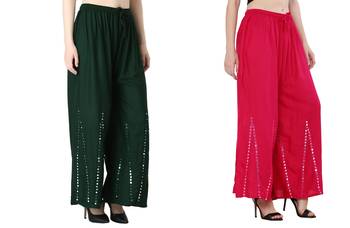 Stylish Flared Stone / Mirror work with embrodiery Combo Palazzo Pant Dark Green , Pink 2