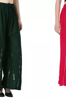 Stylish Flared Stone / Mirror work with embrodiery Combo Palazzo Pant Dark Green , Pink