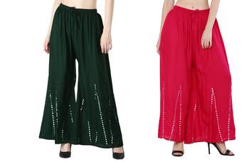 Stylish Flared Stone / Mirror work with embrodiery Combo Palazzo Pant Dark Green , Pink 3