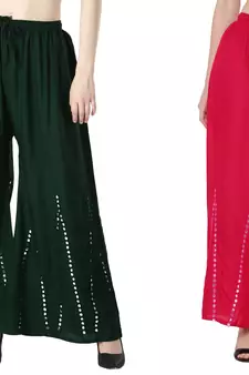 Stylish Flared Stone / Mirror work with embrodiery Combo Palazzo Pant Dark Green , Pink