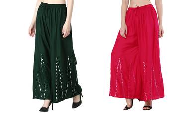 Stylish Flared Stone / Mirror work with embrodiery Combo Palazzo Pant Dark Green , Pink 4