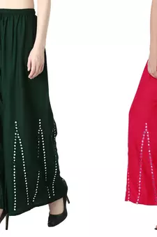 Stylish Flared Stone / Mirror work with embrodiery Combo Palazzo Pant Dark Green , Pink