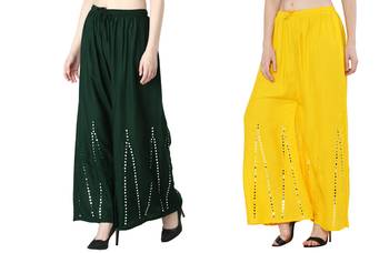 Stylish Flared Stone / Mirror work with embrodiery Combo Palazzo Pant Dark Green , Yellow 1