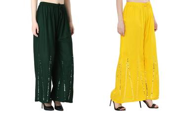 Stylish Flared Stone / Mirror work with embrodiery Combo Palazzo Pant Dark Green , Yellow 3