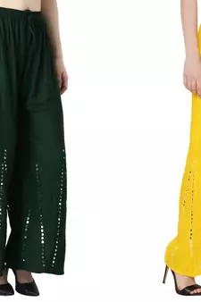 Stylish Flared Stone / Mirror work with embrodiery Combo Palazzo Pant Dark Green , Yellow