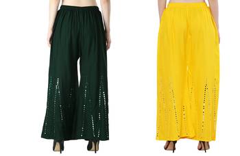Stylish Flared Stone / Mirror work with embrodiery Combo Palazzo Pant Dark Green , Yellow 4