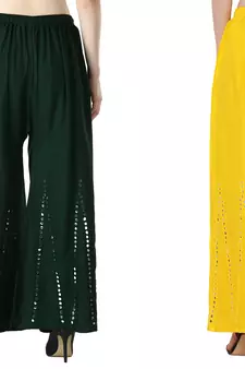 Stylish Flared Stone / Mirror work with embrodiery Combo Palazzo Pant Dark Green , Yellow