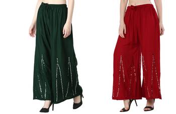 Stylish Flared Stone / Mirror work with embrodiery Combo Palazzo Pant Dark Green , Maroon 1