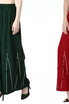 Stylish Flared Stone / Mirror work with embrodiery Combo Palazzo Pant Dark Green , Maroon