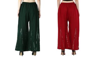 Stylish Flared Stone / Mirror work with embrodiery Combo Palazzo Pant Dark Green , Maroon 2