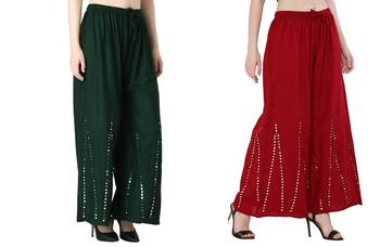 Stylish Flared Stone / Mirror work with embrodiery Combo Palazzo Pant Dark Green , Maroon 3