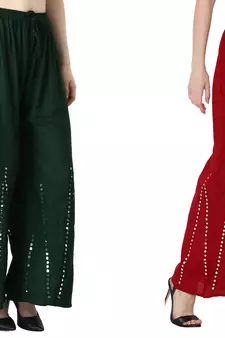 Stylish Flared Stone / Mirror work with embrodiery Combo Palazzo Pant Dark Green , Maroon