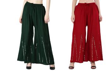 Stylish Flared Stone / Mirror work with embrodiery Combo Palazzo Pant Dark Green , Maroon 4