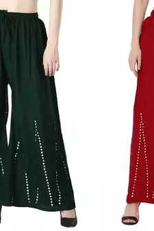 Stylish Flared Stone / Mirror work with embrodiery Combo Palazzo Pant Dark Green , Maroon