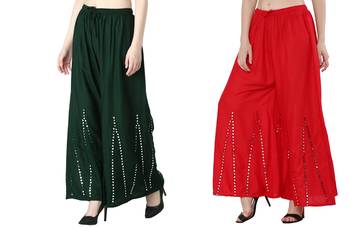 Stylish Flared Stone / Mirror work with embrodiery Combo Palazzo Pant Dark Green , Red 1