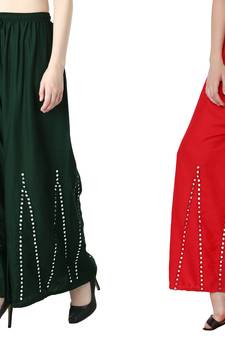 Stylish Flared Stone / Mirror work with embrodiery Combo Palazzo Pant Dark Green , Red