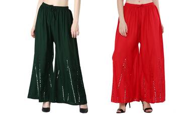 Stylish Flared Stone / Mirror work with embrodiery Combo Palazzo Pant Dark Green , Red 2
