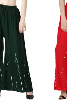 Stylish Flared Stone / Mirror work with embrodiery Combo Palazzo Pant Dark Green , Red