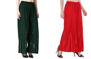 Stylish Flared Stone / Mirror work with embrodiery Combo Palazzo Pant Dark Green , Red 3