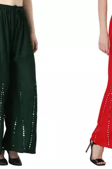 Stylish Flared Stone / Mirror work with embrodiery Combo Palazzo Pant Dark Green , Red